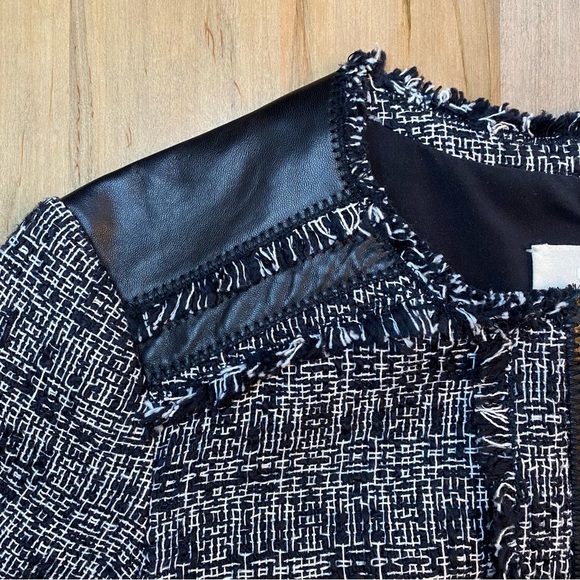 REBECCA TAYLOR Sz 4 Black/White Tweed Zip Lined Jacket Lamb Leather Accents - Picture 14 of 16